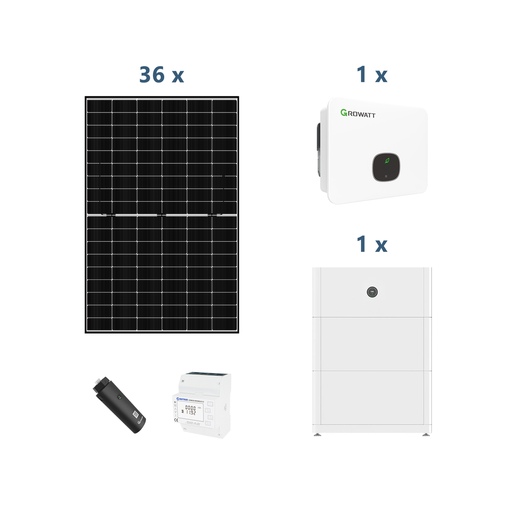 Growatt Solaranlage mit Stromspeicher MOD10KTL3-XH BP 10kw Hybridwechselrichter 3-phasig (2.0 Version) mit APX 10.0P Solarspeicher 10kWh und Sunova 440W Solarmodulen* 36 Stück (mit P2)