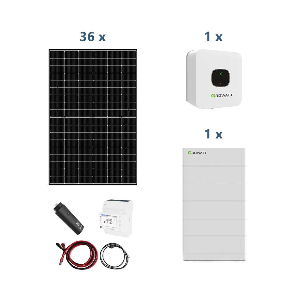 Growatt Solaranlage mit Stromspeicher MIN 4600-XH 4,6kW Hybridwechselrichter 1-phasig mit ARK 12,8XH Solarspeicher 12,8kWh und Sunova 440W Solarmodulen* 36 Stück
