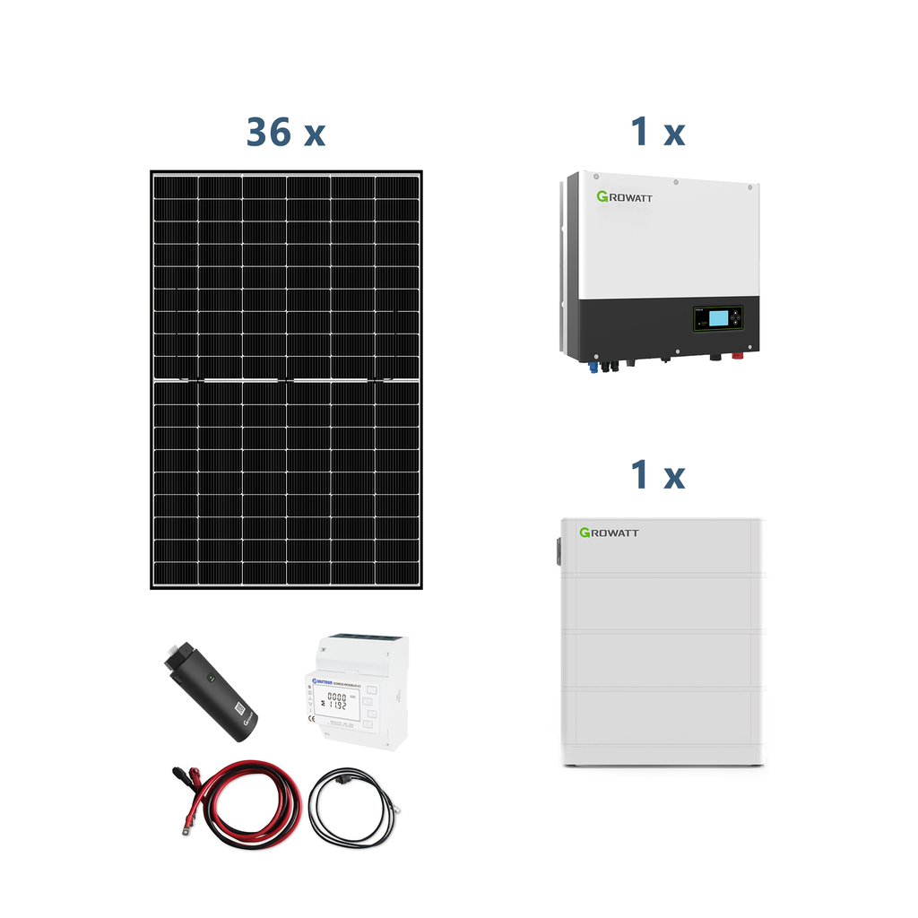 Growatt Solaranlage mit Stromspeicher SPH 8000 TL3 BH-UP 8kW Hybridwechselrichter 3-phasig mit ARK 7.6H Solarspeicher 7,68kWh und Sunova 440W Solarmodulen* 36 Stück